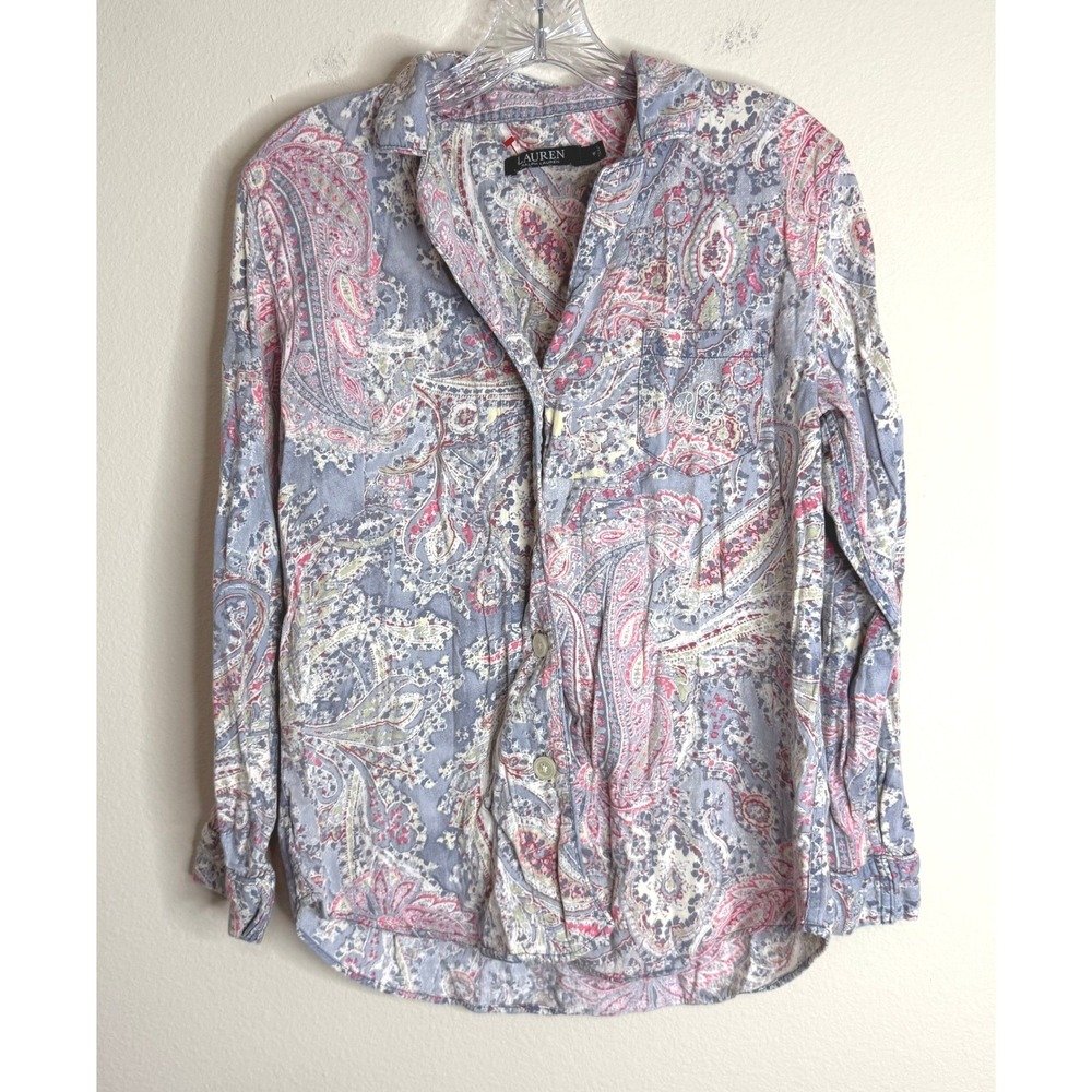 Lauren Ralph Lauren Shirt Womens M Blue Pink Paisley Button Down Long Sleeve